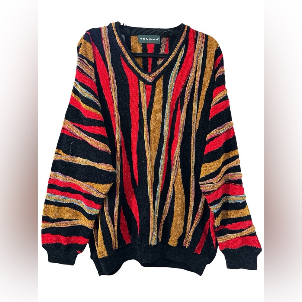Tundra Vintage 3D V-Neck Sweater with Red, Black, and Gold Stripes